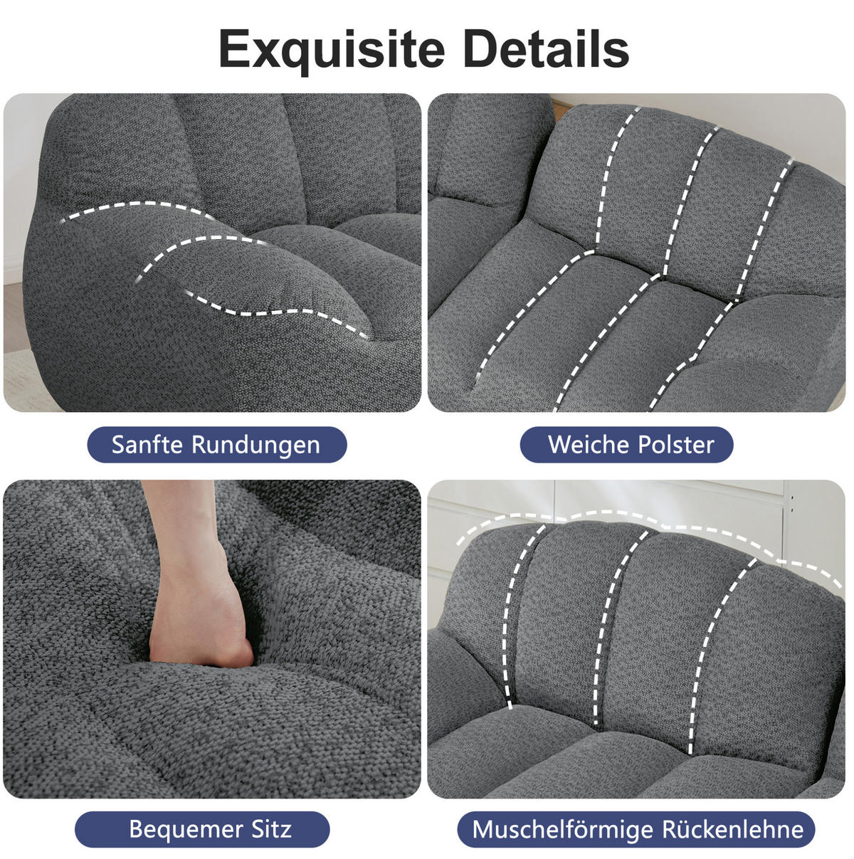 SOFA 210/165/79 cm in Grau mit Ottoman und weichem Fleecebezug - Grau, Textil (165/79/210cm) - Flora Grace