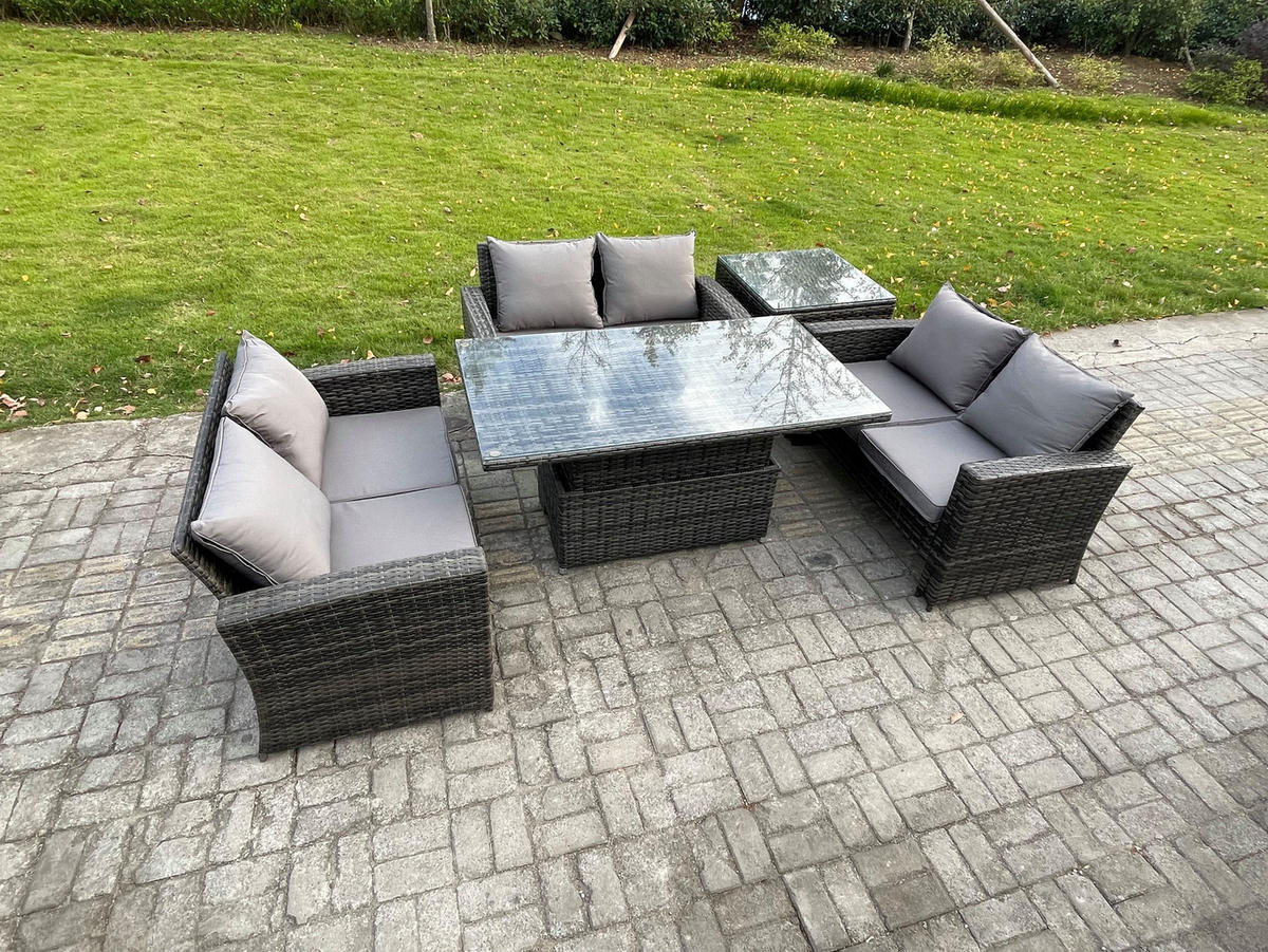 GARTENMÖBEL-SET Polyrattan Dunkelgrau 6-Sitzer - Dunkelgrau, Metall - Fimous