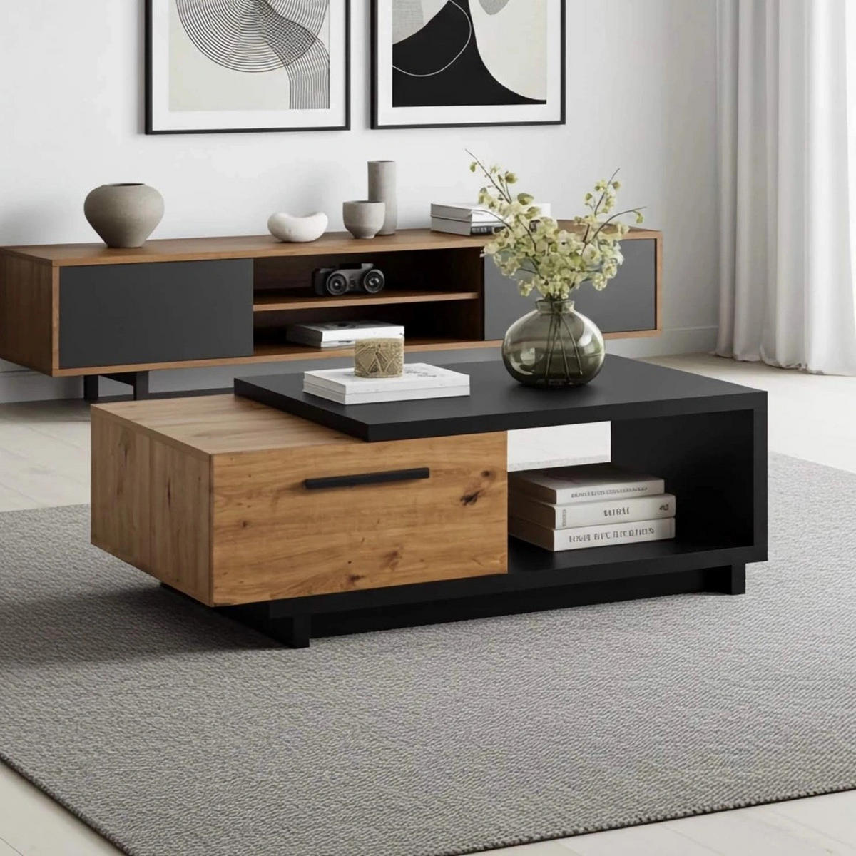 COUCHTISCH Zonda 120x60 mit zwei Schubladen - Schwarz/Eiche Artisan, Holzwerkstoff/Kunststoff (60/120/40cm) - Ravio