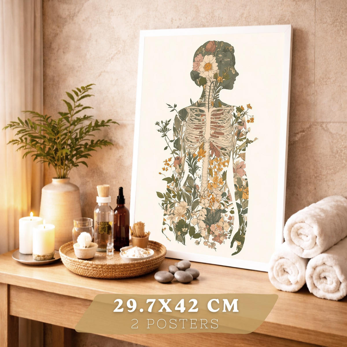 POSTER Set aus 2 Anatomie Mensch Drucke und Wandbilder mit Weiblicher Silhouette und Fortpflanzungssystem Botanischer Stil Größe Weißer Rahmen A3 - Weiß, Papier (29.7/42/3cm) - Nacnic