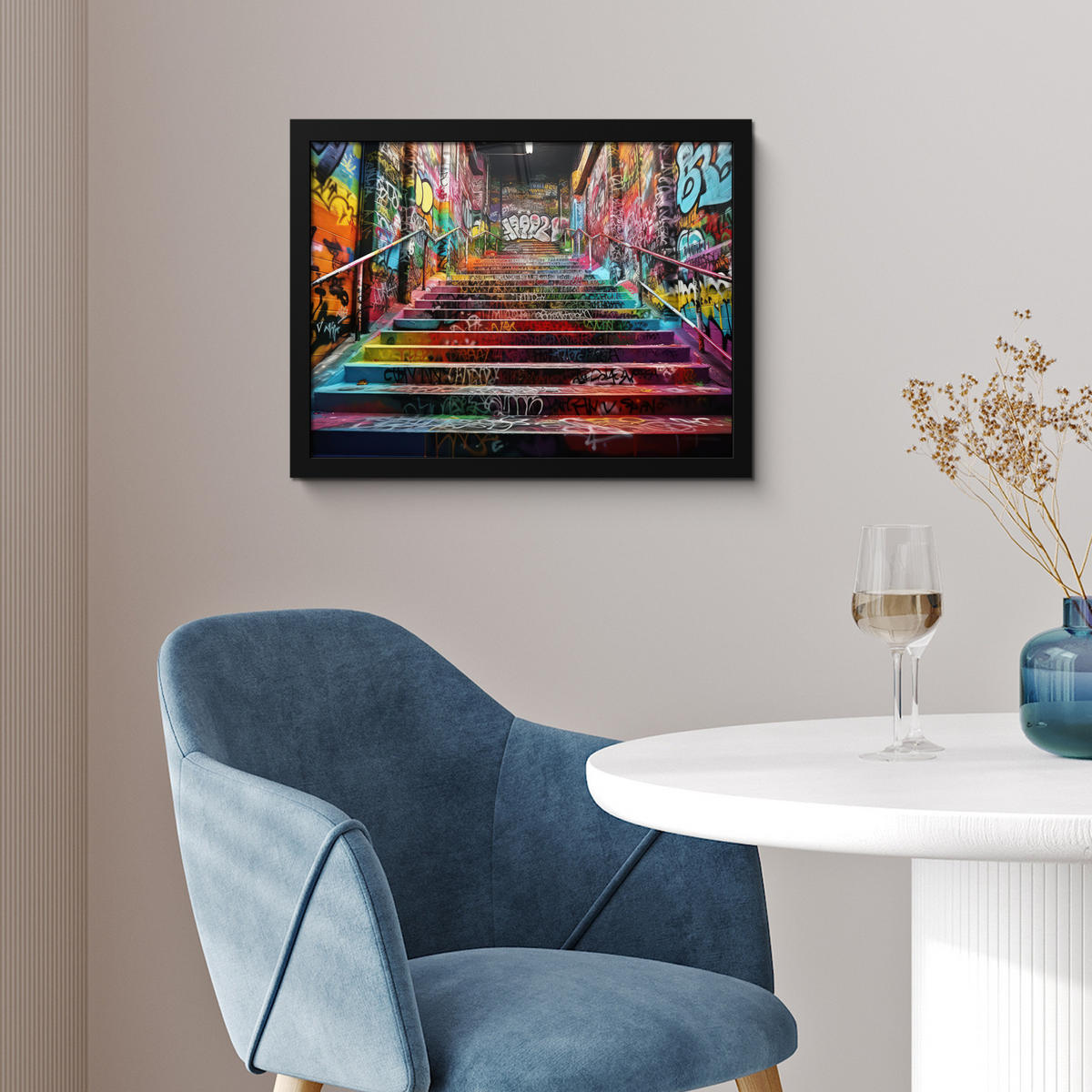 POSTER MIT RAHMEN Treppe - Graffiti - Farben - Kunst 40x30 cm - Multicolor, Papier (40/30cm) - MuchoWow