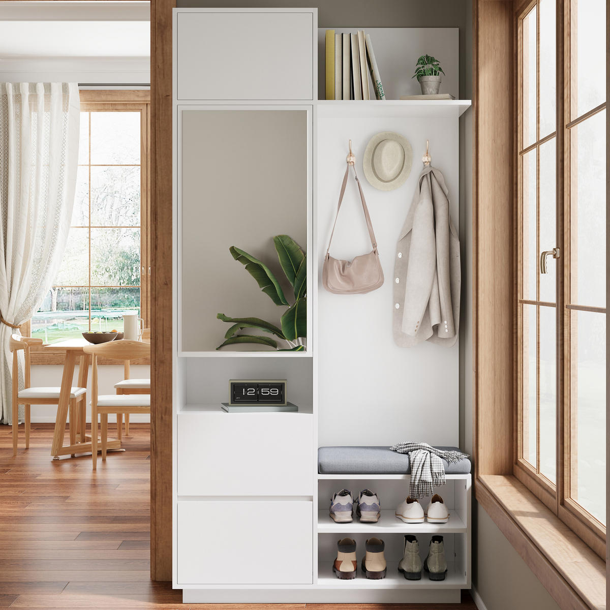 GARDEROBE Spiegel Sitzbank Schuhschrank - Weiß, Holz (90/190/34.5cm) - Fortuna Lai