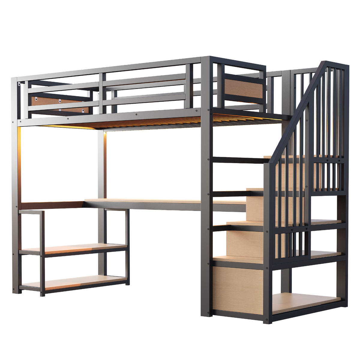 HOCHBETT 90/200 cm aus MDF und Metall mit Stauraumtreppe, Regal und Tisch Schwarz - Schwarz, Metall (90/200cm) - Modenvie