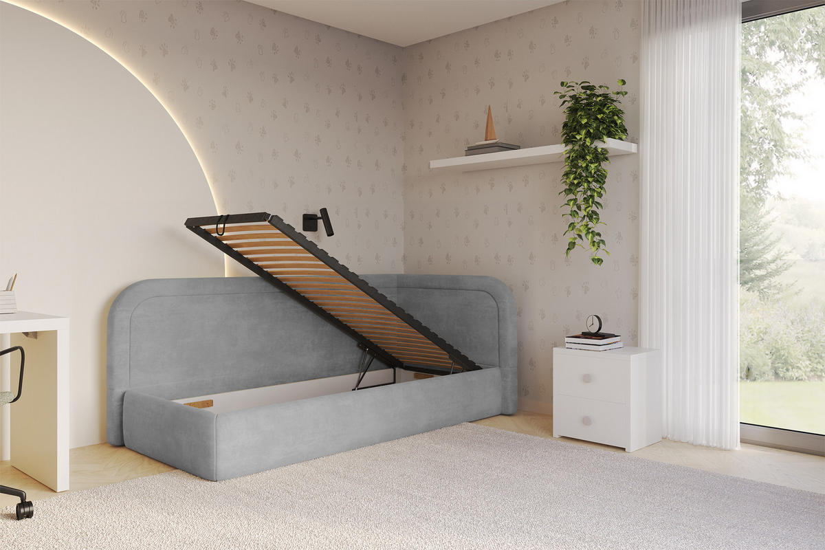 EINZELLBETT Jugendbett mit Bettkasten, Links - JOVY 80x200 Grau - Hellgrau, Holzwerkstoff/Textil (80/200cm) - ALTDECOR