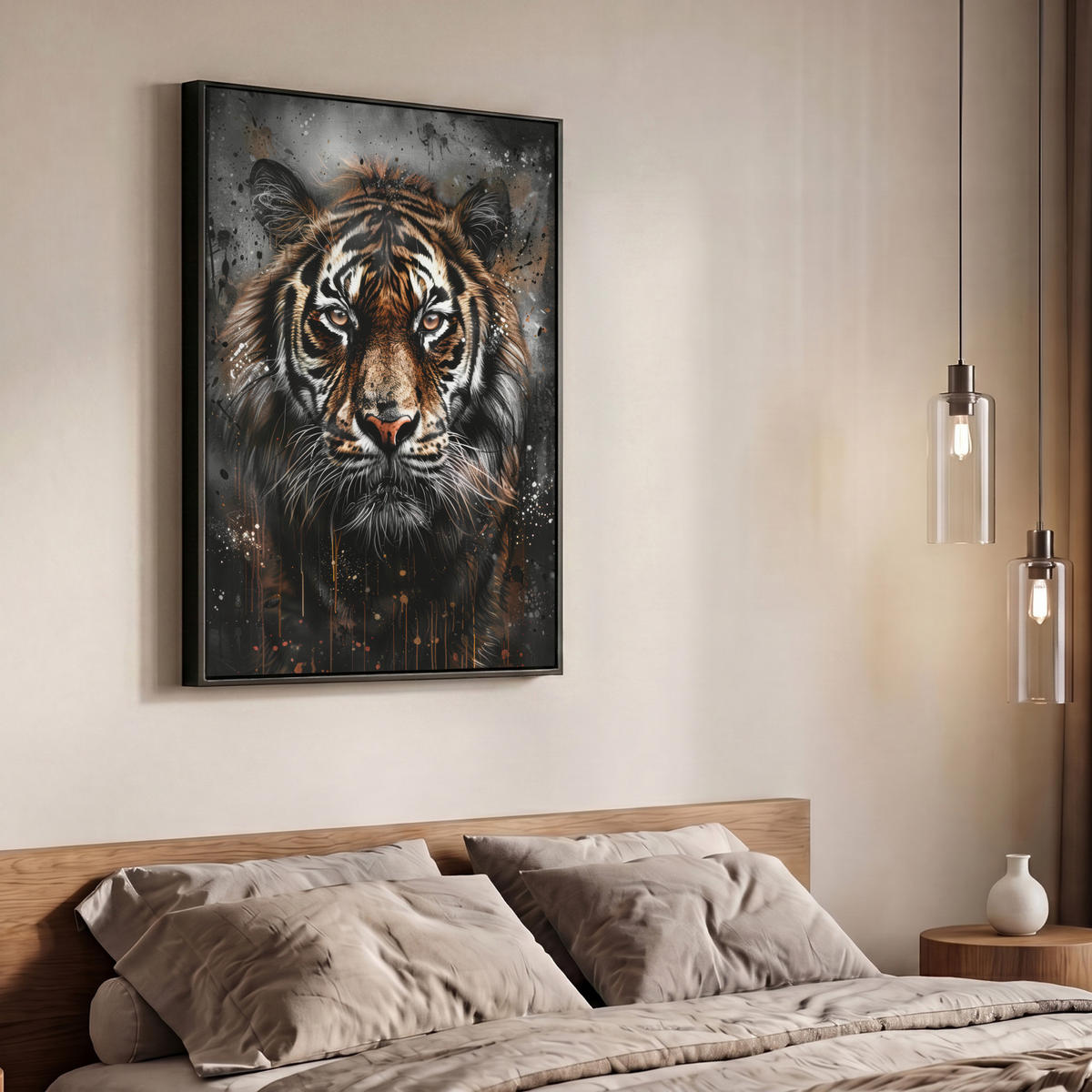 LEINWAND Bilder mit Rahmen - Tiger - Tiere - Porträt - Luxus - Schwarz - 70x100 - Braun, Textil (70/100cm) - MuchoWow