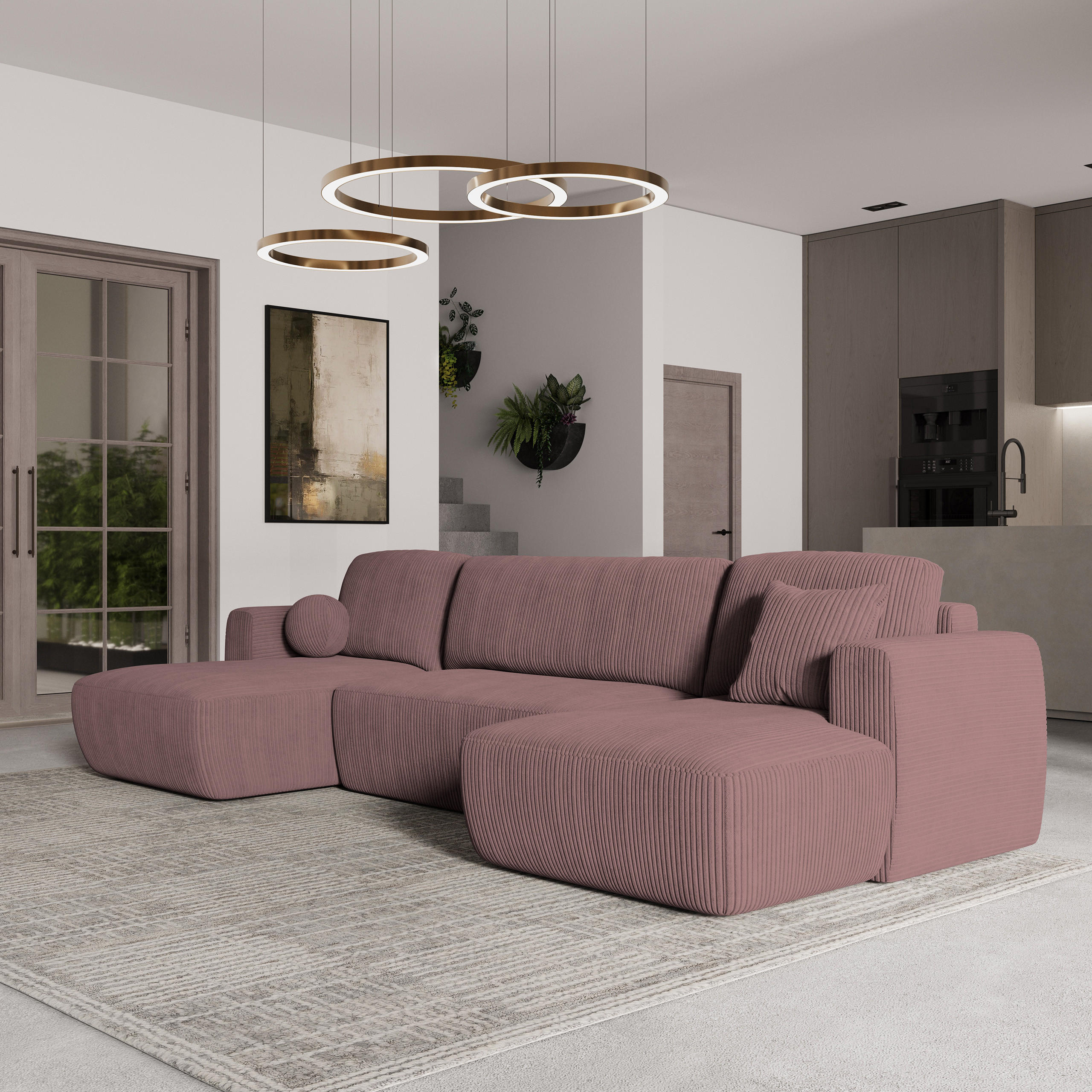 WOHNLANDSCHAFT SENTUM P Lila Kordstoff mit Schlaffunktion - Lila, Holz (330/90/148cm) - MASSENO