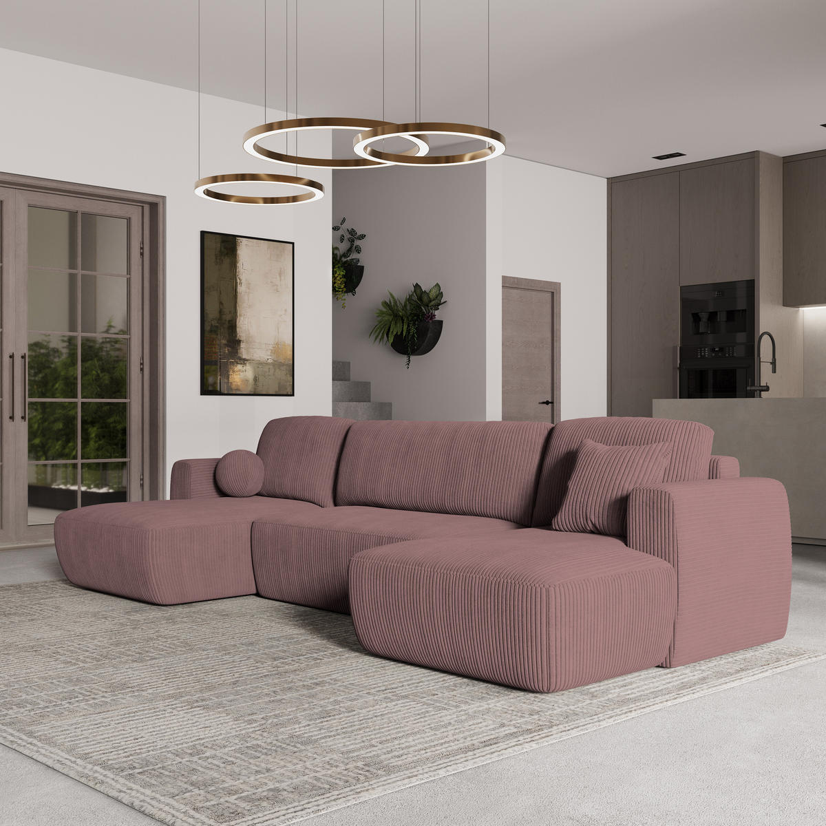 WOHNLANDSCHAFT SENTUM P Lila Kordstoff mit Schlaffunktion - Lila, Holz (330/90/148cm) - MASSENO