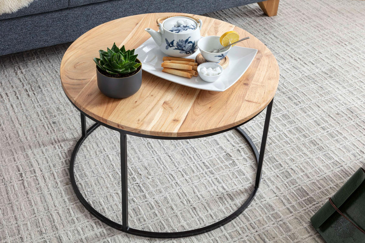 COUCHTISCH Naturholz mit stabiler Konstruktion und runder Ablage, Belastbarkeit 50 kg - Beige/Schwarz, Holz/Metall (60/60/43cm) - KADIMA DESIGN