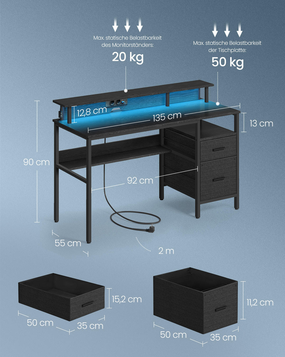 SCHREIBTISCH Bin - Schwarz, Holzwerkstoff (135/55/89cm) - VASAGLE