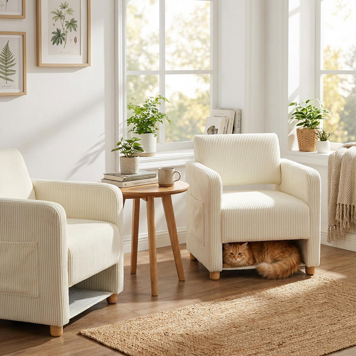 SESSEL, 2er-Set, mit Armlehnen, Cordbezug und Massivholzfüßen, Beige - Beige, Holz (66/76.5/73.5cm) - Meubles Cosy