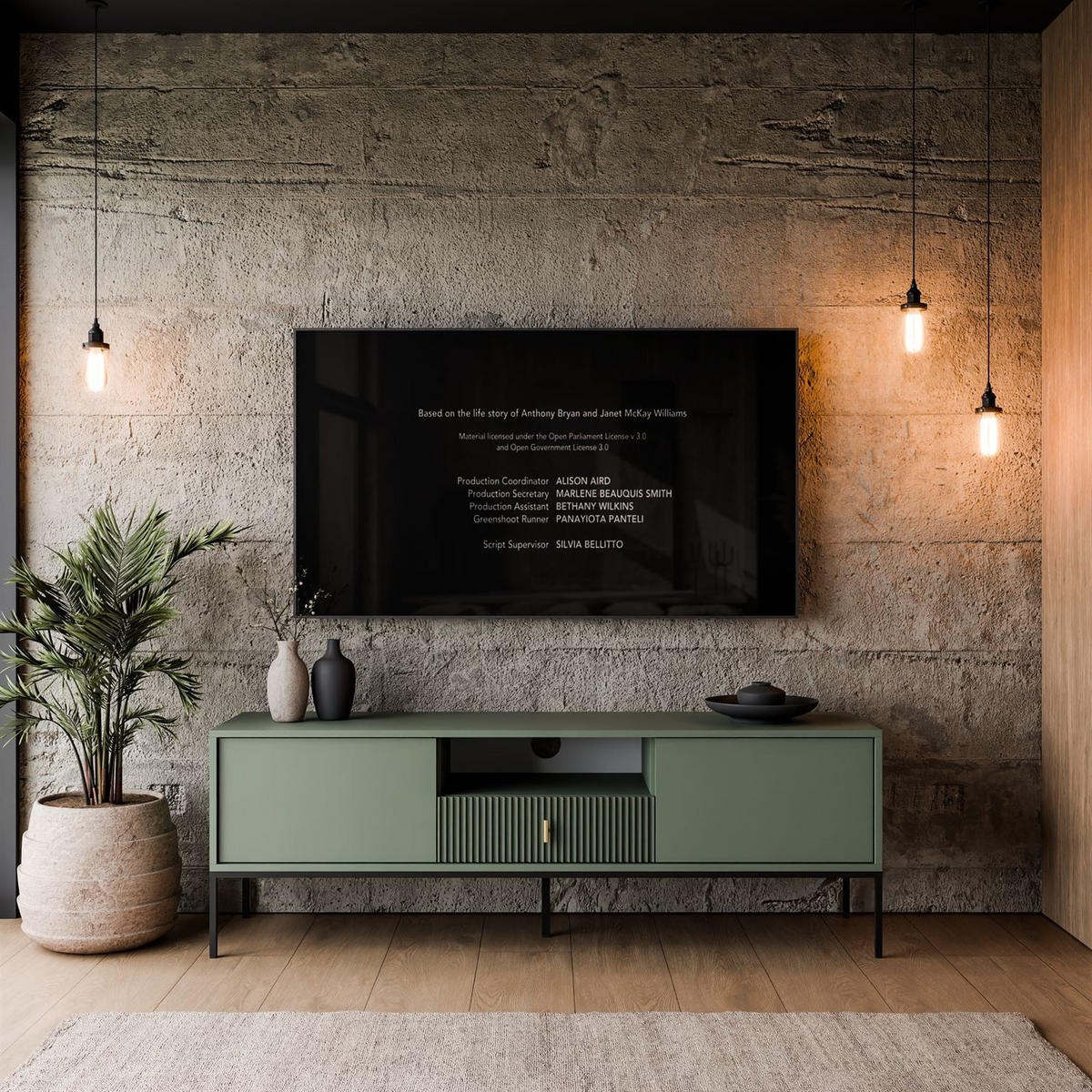 TV-ELEMENT MIDNIGHT mit Schubladen auf Gestell grün - Schwarz/Grün, Holzwerkstoff (154.5/52.5/39cm) - Lookway