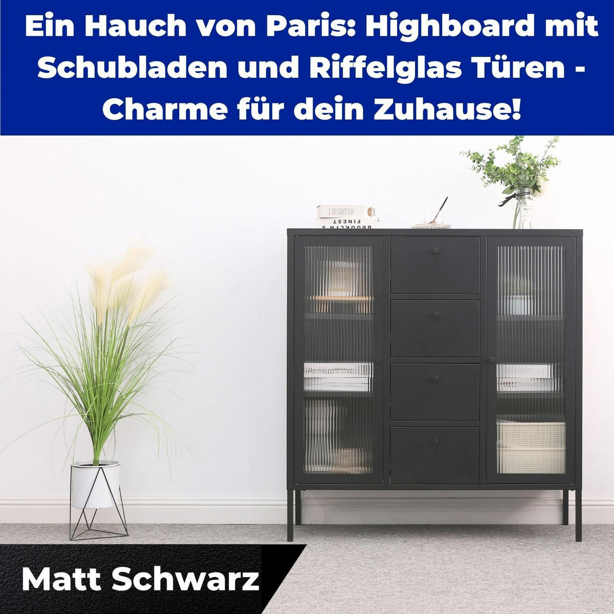 HIGHBOARD PARIS Metall Schwarz mit 4 Schubladen - Schwarz, Metall (35/110/105cm) - Mein-Regal