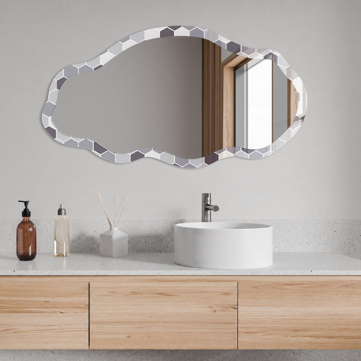 SPIEGEL 90x45 cm asymmetrisch mit Druck - Geometrische Harmonie - Transparent, Glas (45/90/0.4cm) - TULUP