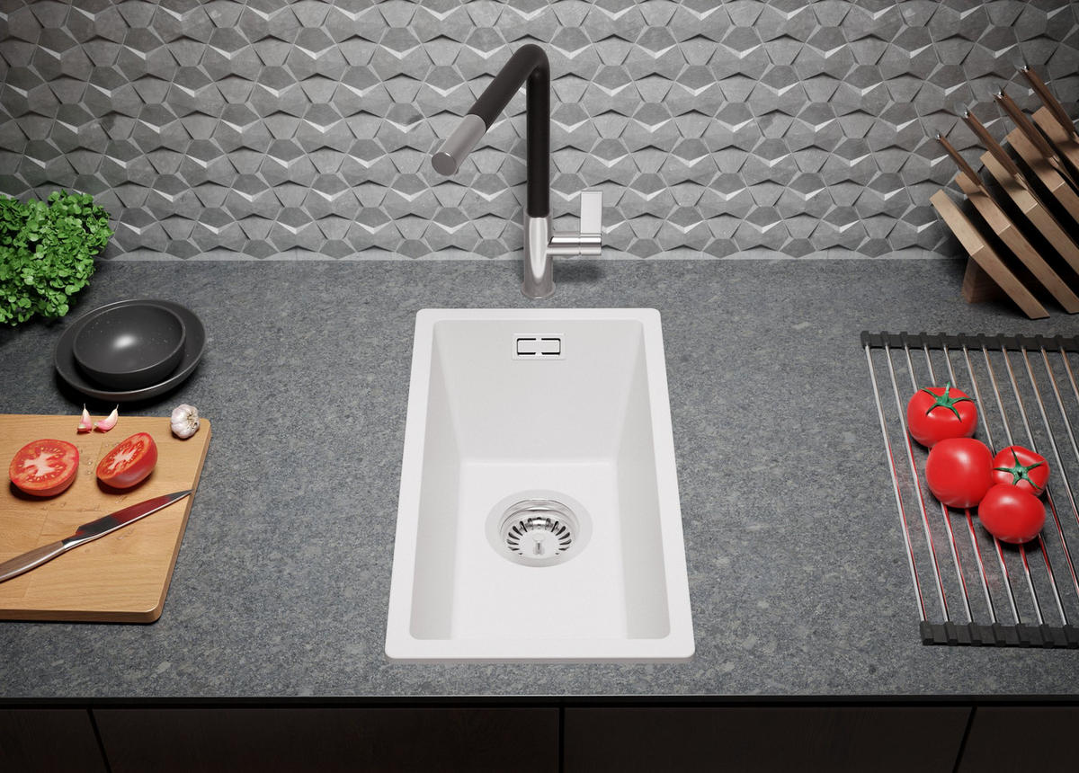 SPÜLBECKEN London Slim, 2-er set Alles Weiß 26/47 cm 1 Becken + Ablauf-Set ab 30er Unterschrank - Weiß, Kunststoff (26/20/47cm) - Primagran