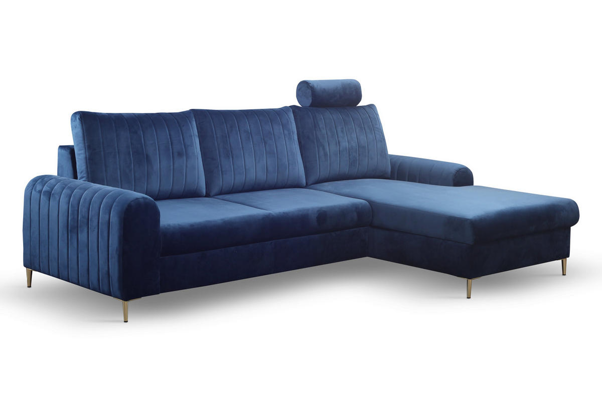 ECKSOFA VERONA R-S Blau Velours-Stoff mit Schlaffunktion - Blau, Holz (251/164cm) - MASSENO