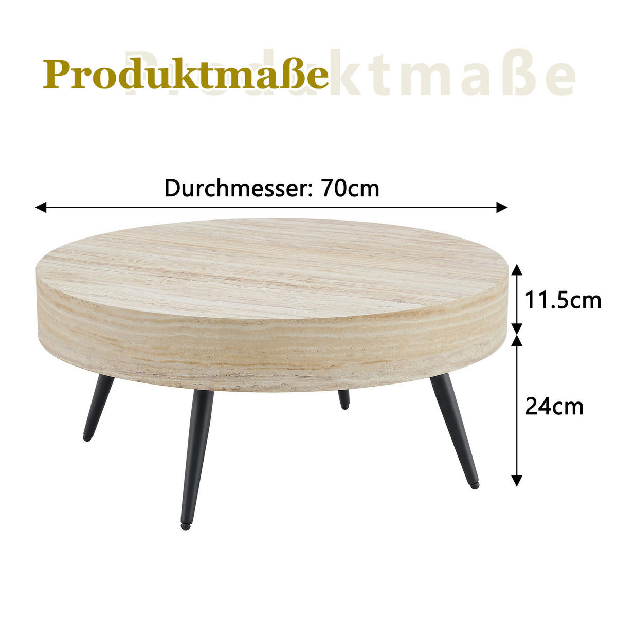 KLUBSKA miza, Ø 70/35,5 cm, MDF v videzu svetlega travertina in črna kovina - črna, leseni material (70/70/35.5cm) - BEAOK