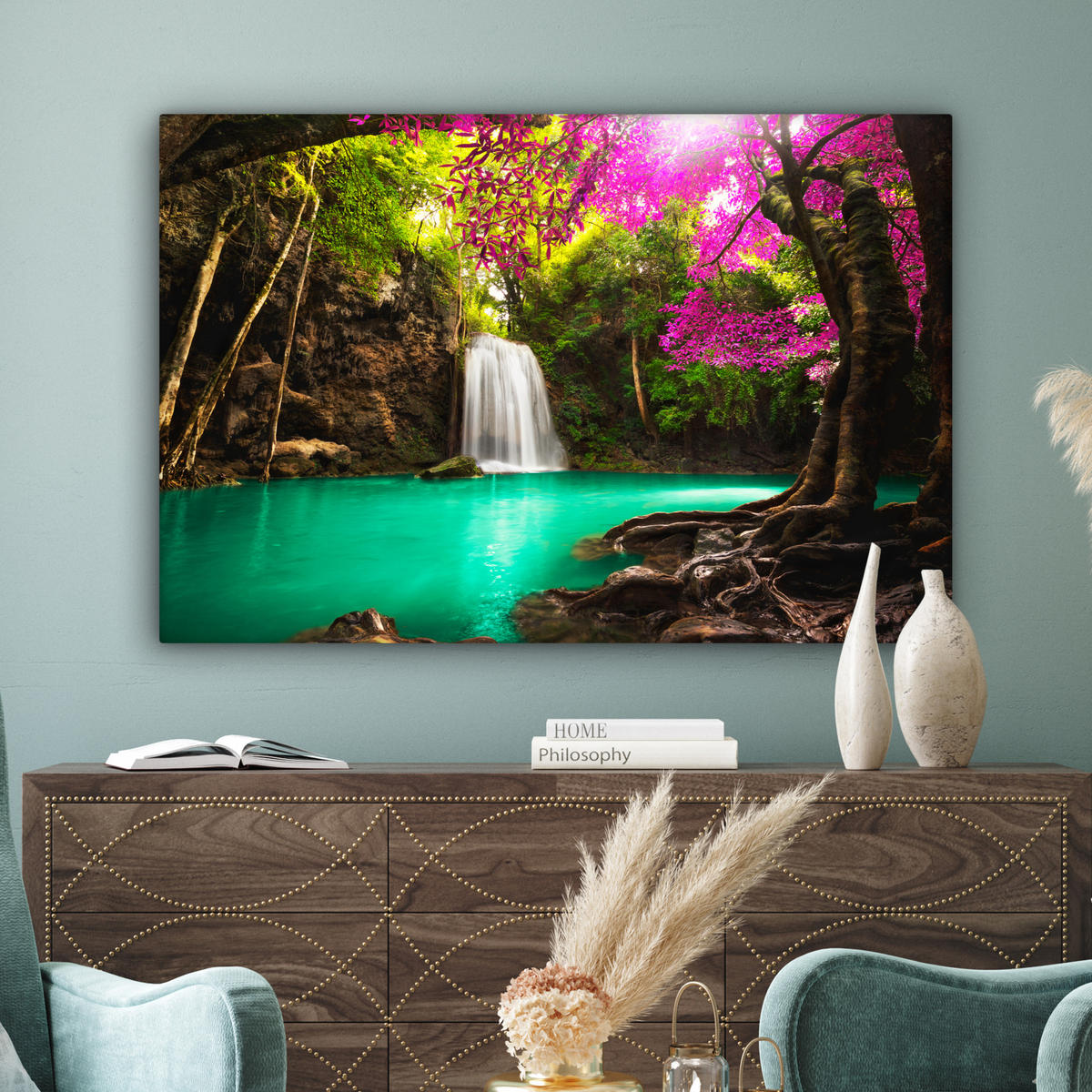 LEINWANDBILD Wasserfall mit bunten Blumen und Bäumen - Natur - Dschungel XXL 150x100 cm - Waldgrün, Textil (150/100cm) - MuchoWow