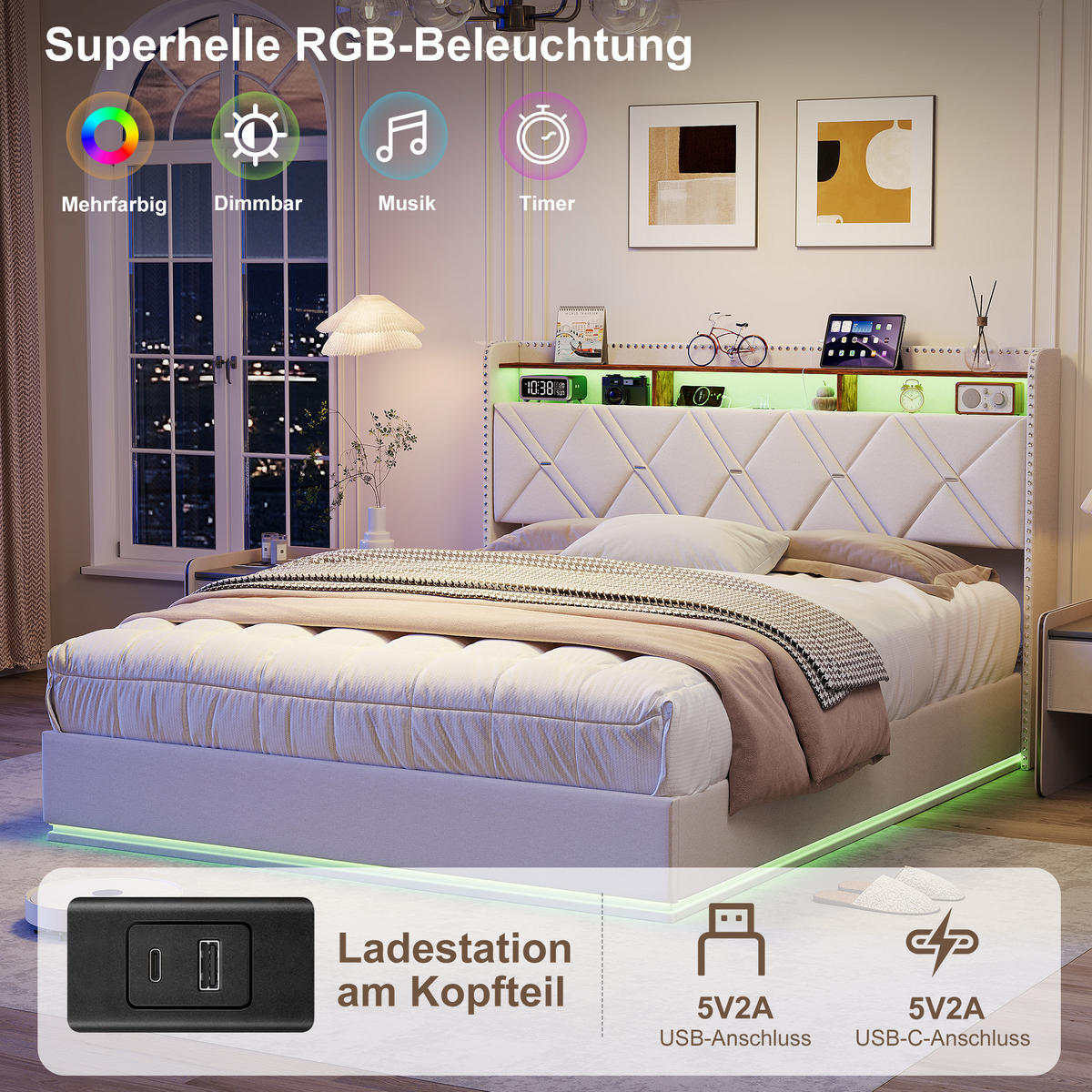 POLSTERBETT 160/200 cm Beige mit hydraulischem Stauraum, LED mit Ablage und USB - Beige, Metall (160/200cm) - EuroLiving