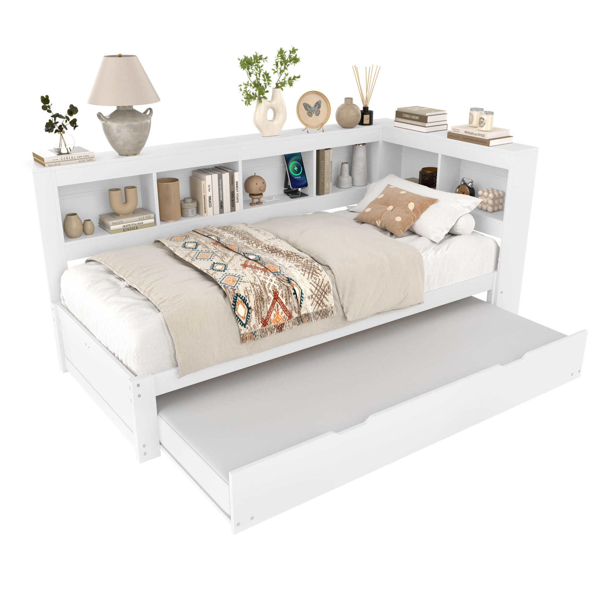 POLSTERBETT 90/200 cm mit Ausziehbett, Steckdose und 2 USB-Anschlüssen, Weiß - Weiß, Holz (90/200cm) - Redom