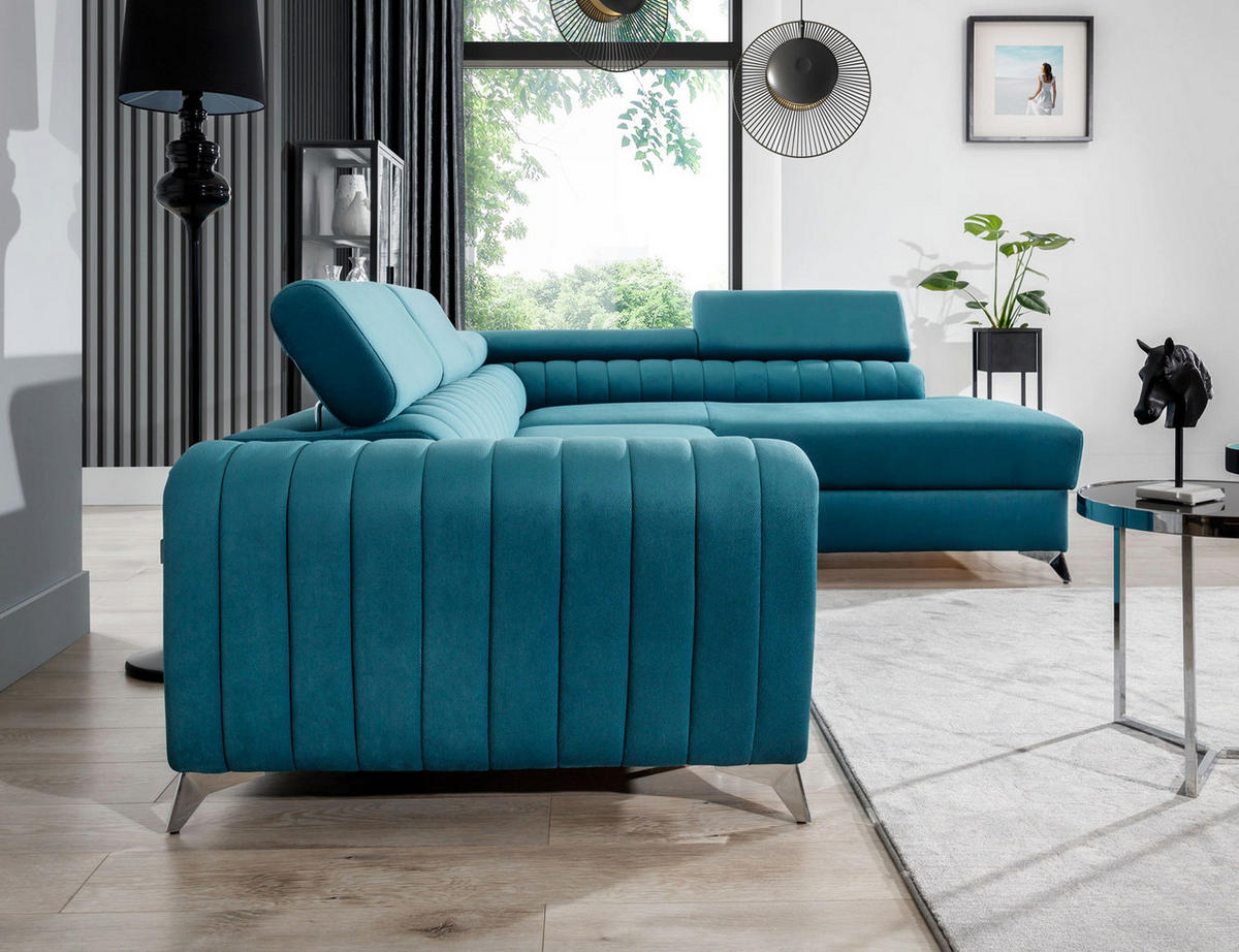 ECKSOFA Laurence mit Schlaffunktion & Bettkasten – 278 x 205 cm, verstellbare Kopfstützen - Blau, Kunststoff (278/205cm) - Wohnideebilder
