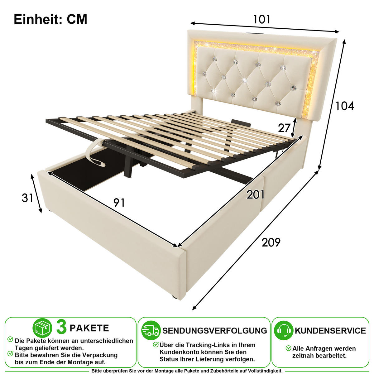 ČALOUNĚNÁ POSTEL 90/200 cm v béžové barvě se sametem, LED, USB a Type-C - béžová, kov/kompozitní dřevo (90/200cm) - CHICFURN