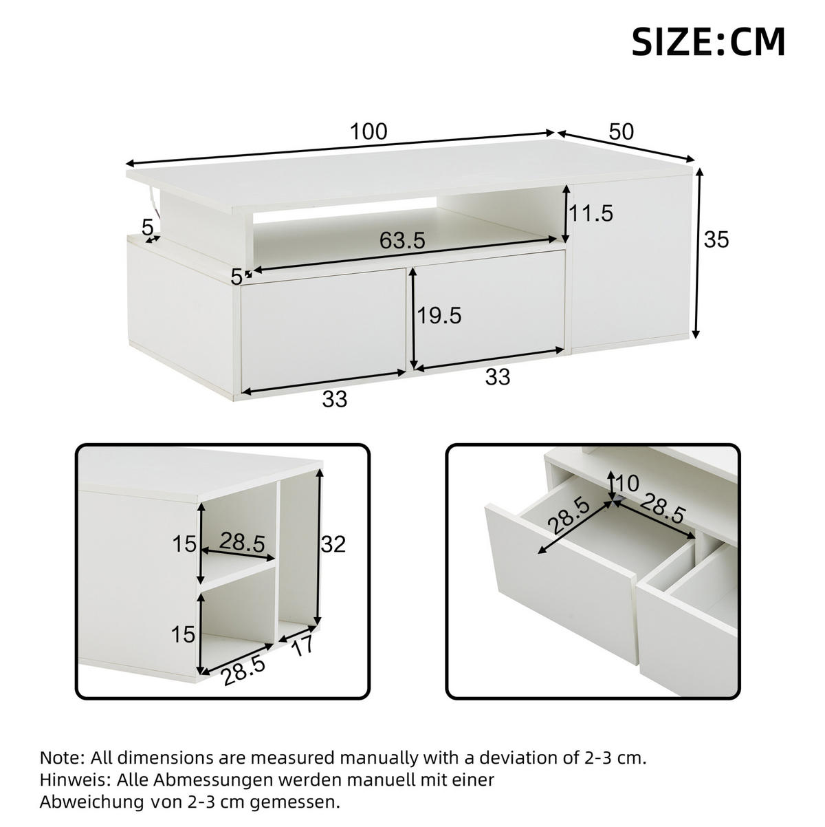 COUCHTISCH aus Spanplatte 100x50x35 cm Weiß mit LED-Beleuchtung und Stauraum - Weiß, Holzwerkstoff (100/50/35cm) - IVMEU