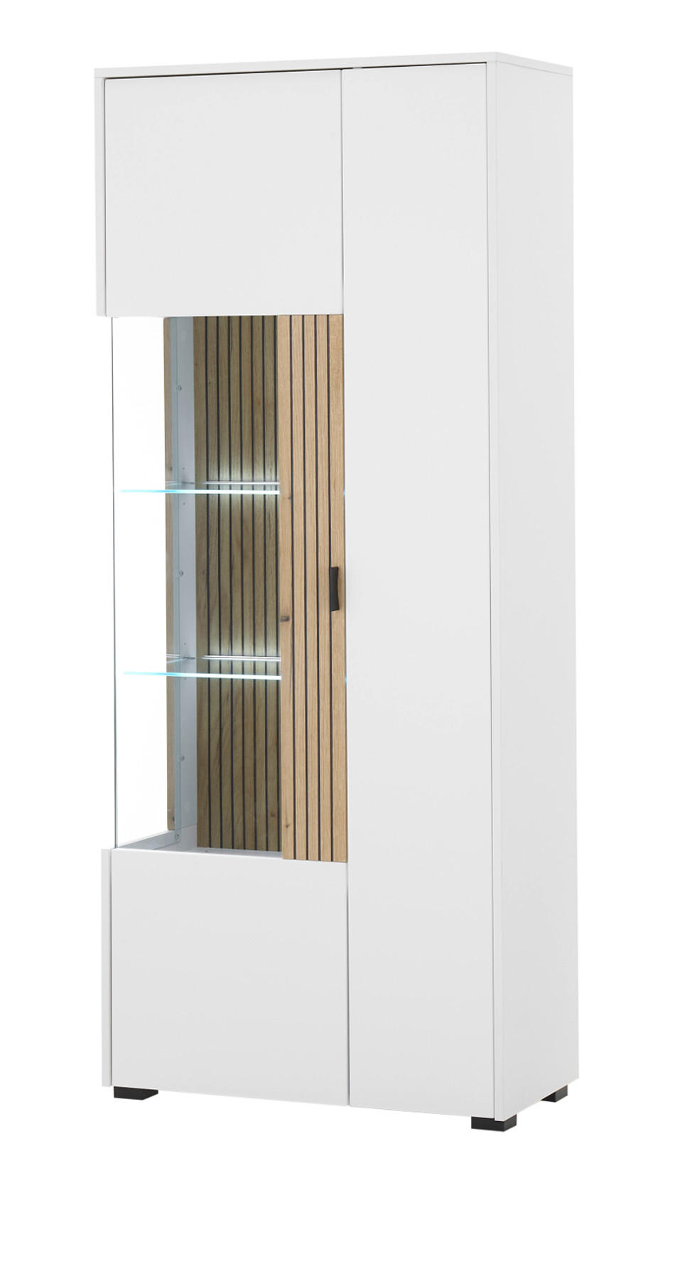 VITRINE weiß matt, Eiche 75 x 180 cm, Vitrinenschrank 10 Fächer und Soft-Close-Funktion - Eichefarben/Schwarz, Glas/Holzwerkstoff (75/180/38cm) - Furn.Design