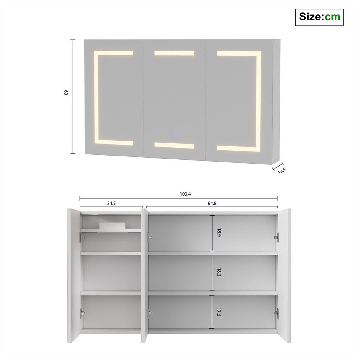 SPIEGELSCHRANK - dreitürig - mit LED-Beleuchtung - Antibeschlag-Funktion und Steckdose - Regalen - Weiß - Weiß, Holzwerkstoff (13.5/60/100.4cm) - DELFA