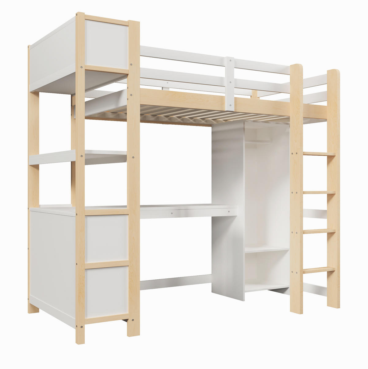 VISOKI krevet od borovine, 90/200 cm, prirodni, s radnim stolom i ormarom - prirodne boje, drvo (90/200cm) - Modenvie