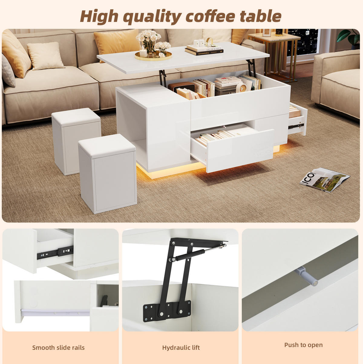 COUCHTISCH 100/50/45 cm Weiß aus Spanplatte höhenverstellbar mit LED - Weiß, Holzwerkstoff (100/50/45cm) - OKMYHOME