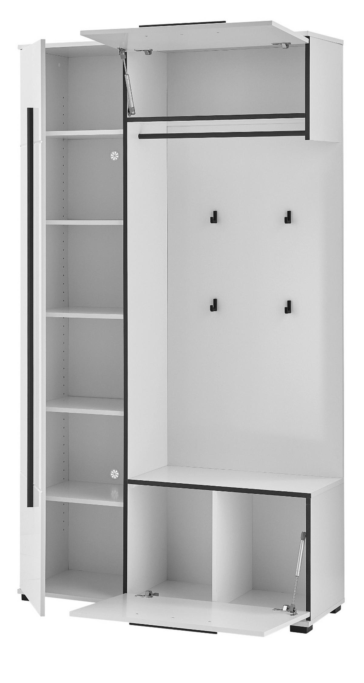 KOMPKATGARDEROBE weiß Hochglanz 111 x 200 cm, Garderobe mit Soft-Close - Weiß Hochglanz/Schwarz, Holzwerkstoff/Kunststoff (111/200/37cm) - Furn.Design