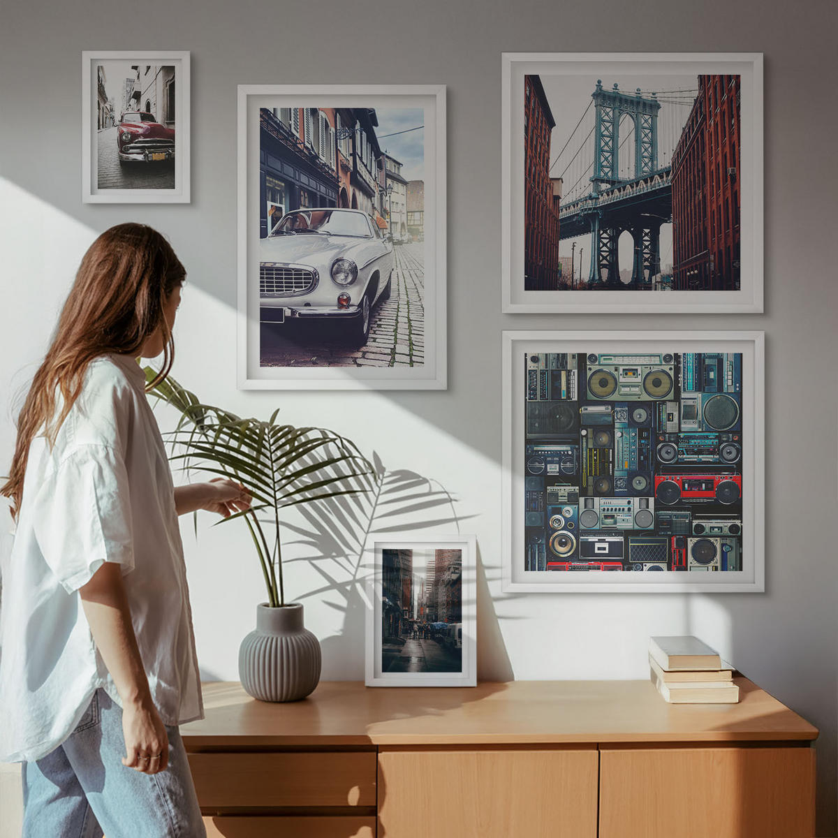 WANDBILDER 5er-Set - 50x50 cm & 20x30 cm & 40x60 cm Weißer Rahmen - Old Cars Brooklyn Retro-Audio - Weiß, Kunststoff (40/60cm) - ArtPrintCave