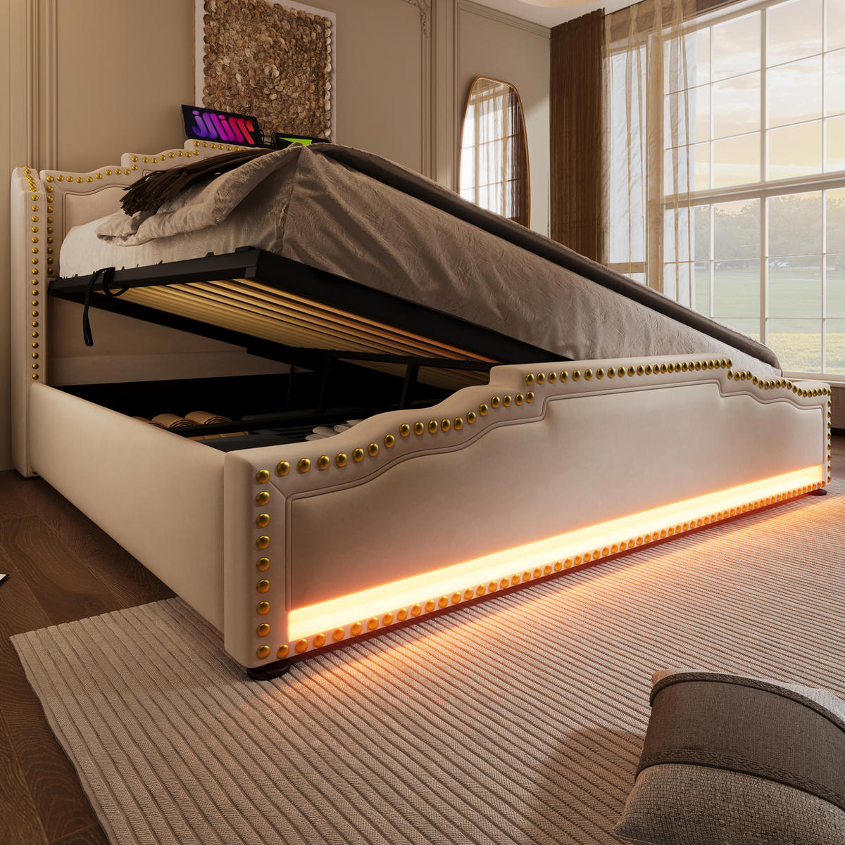 ČALÚNENÁ posteľ 140/200 cm s LED osvetlením, USB a Type-C portami, hydraulickým úložným priestorom z velúru, Béžová - béžová, textil (140/200cm) - Redom
