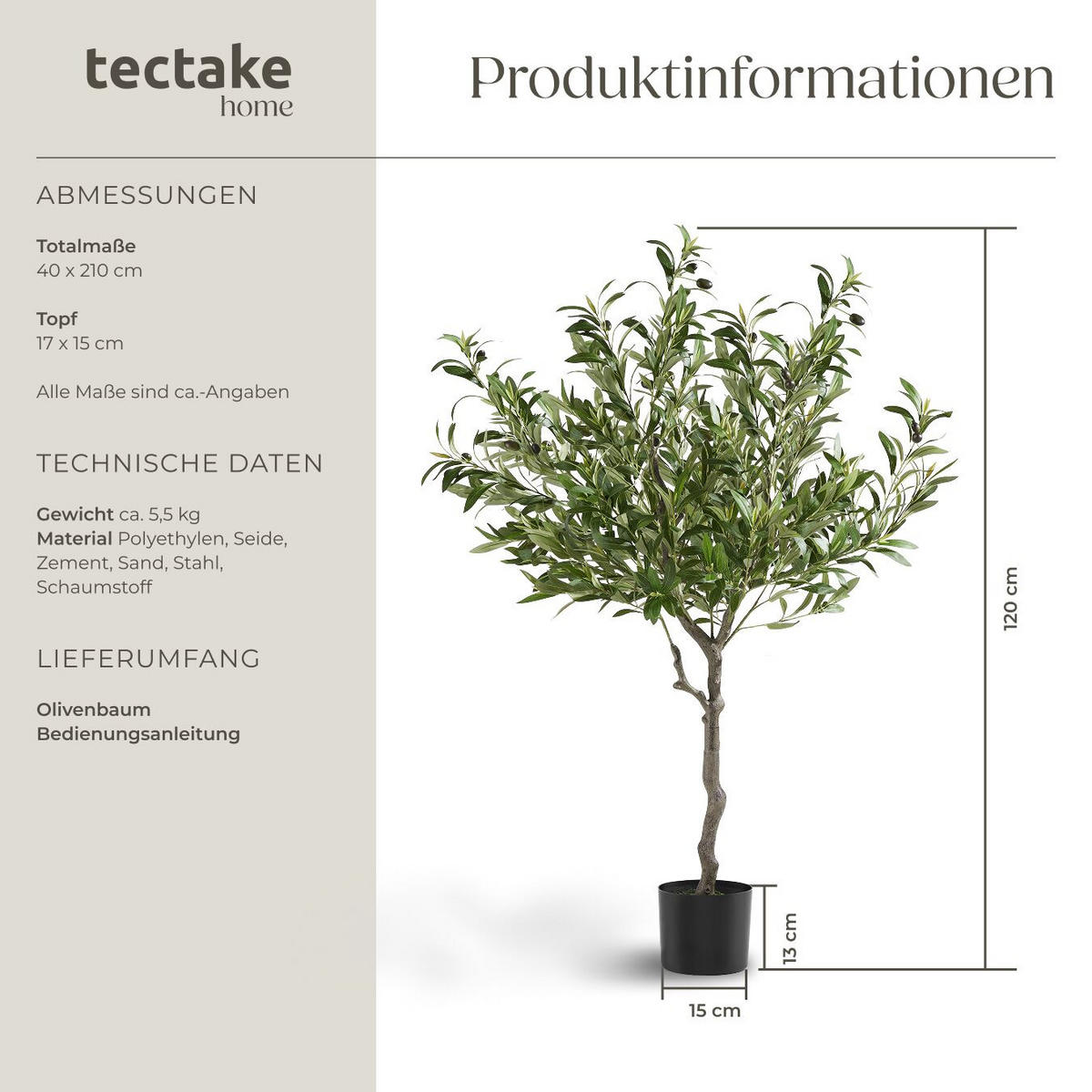 KÜNSTLICHER-OLIVENBAUM Oleand,stabiler Kunststoff-Blumentopf,grün - Grün, Kunststoff (120cm) - tectake