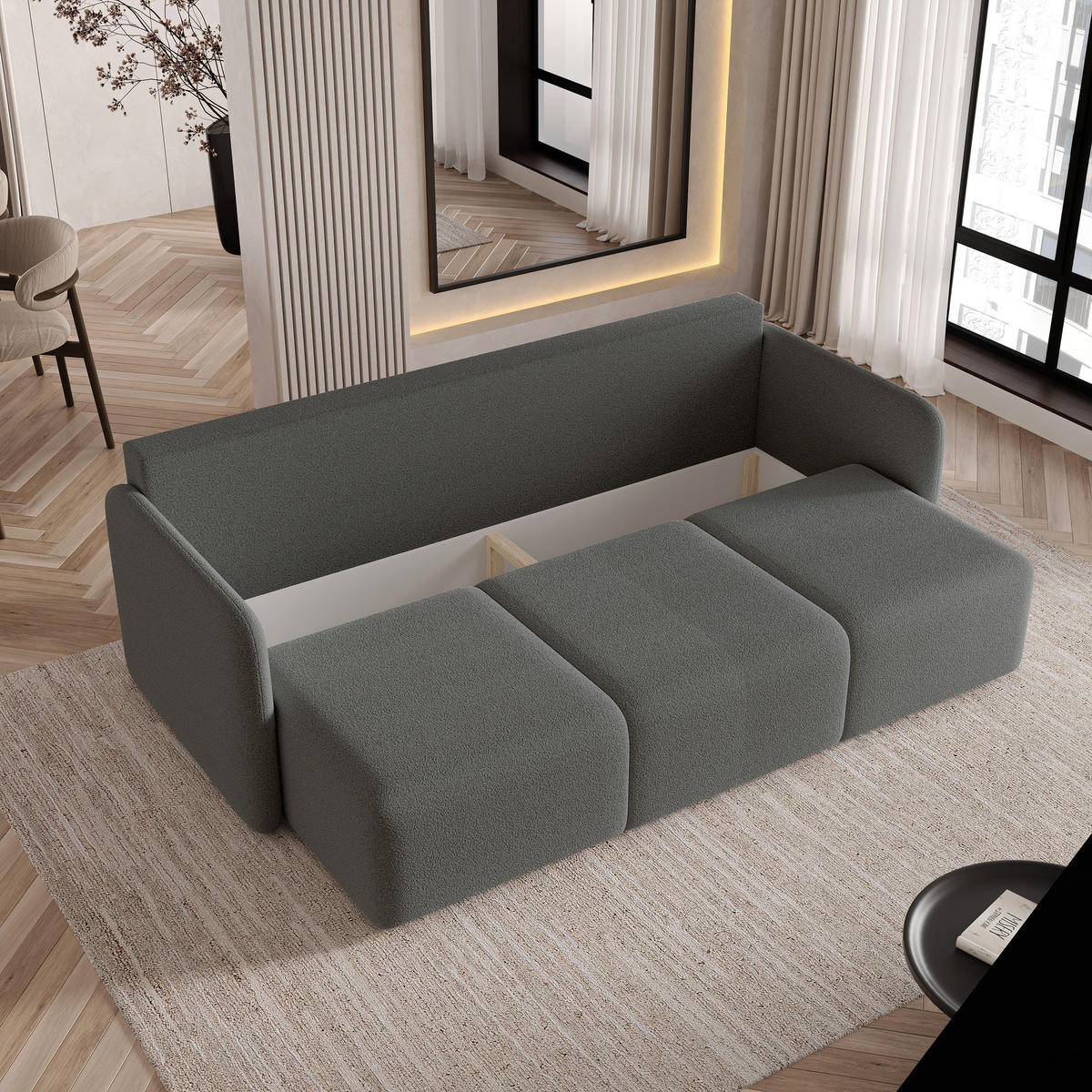 BETTSOFA SUVI III Q Grau Bucle-Stoff mit Schlaffunktion - Grau, Textil (220/85/90cm) - MASSENO