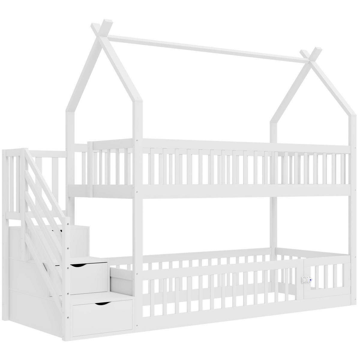ETAGENBETT mit Treppenschubladen 90x200 cm Massivholz Weiß - Weiß, Holzwerkstoff (90/200cm) - Beauniv