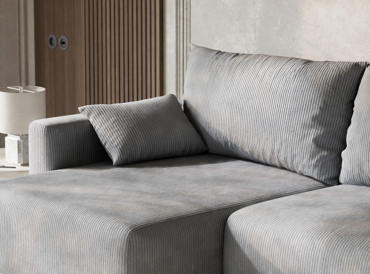 ECKSOFA MIT SCHLAFFUNKTION Leon Hellgrau Samtstoff - Hellgrau/Schwarz, Holz/Holzwerkstoff (148/239cm) - Maison de Reve