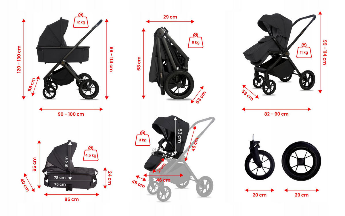 KINDERWAGEN Boldo 3in1 Schwarz Babywanne, Buggy Sportsitz, Babyschale I-Size - Schwarz, Textil/Metall (58/98cm) - BabyLux