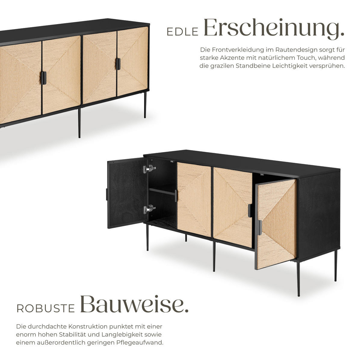 SIDEBOARD Juna,150 x 47 x 77 cm, höhenverstellbare Füße,schwarz/braun - Schwarz/Braun, Holz (150/77/47cm) - tectake