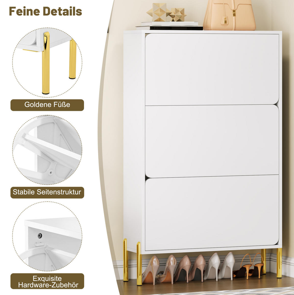 SCHUHSCHRANK 73/24/120 cm in Weiß mit 3 Türen und goldfarbenen Beinen - Weiß, Holzwerkstoff (73/120/24cm) - Flora Grace