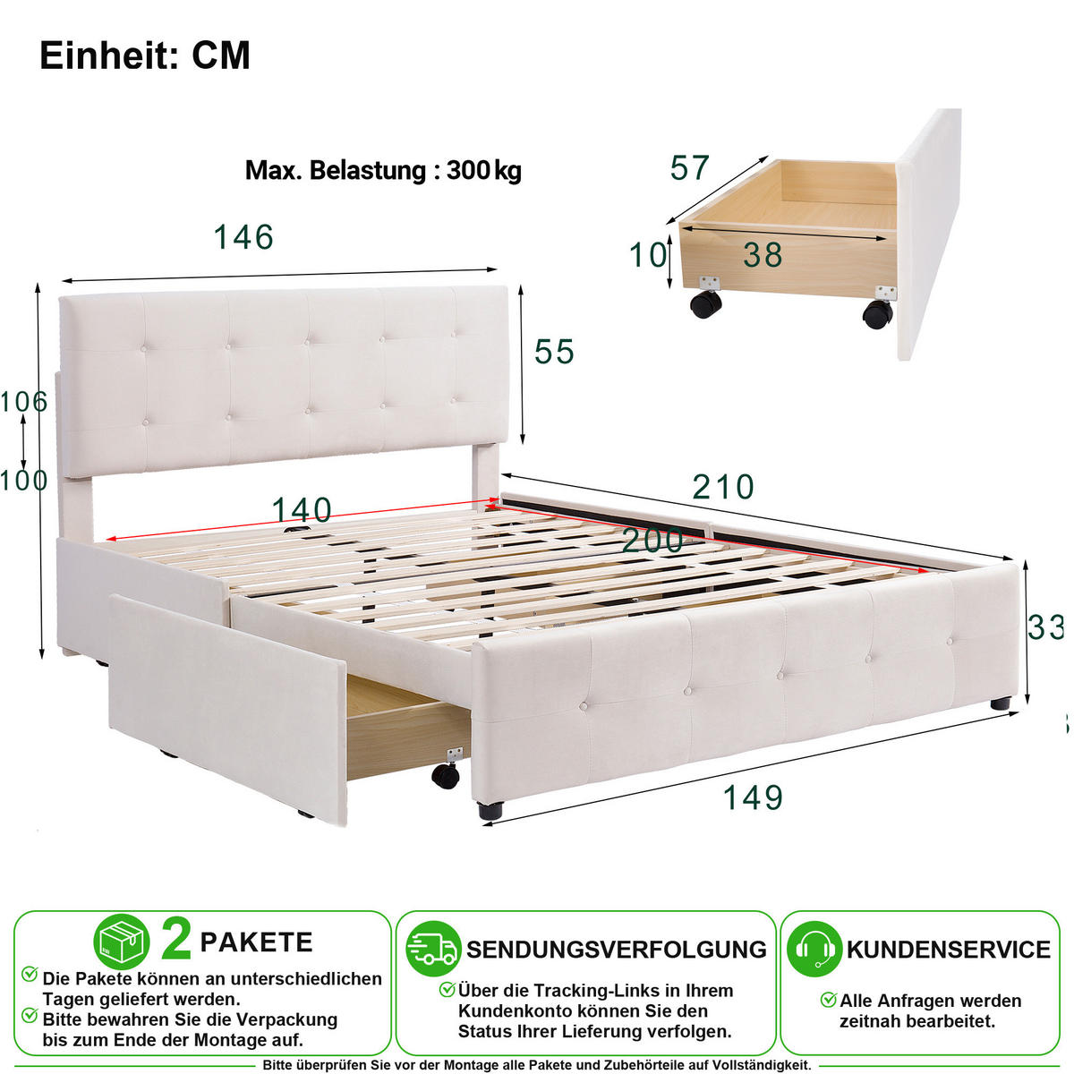 POLSTERBETT 140/200 cm in Beige mit 4 Schubladen und Lattenrost Samt - Beige, Holzwerkstoff/Textil (140/200cm) - CHICFURN