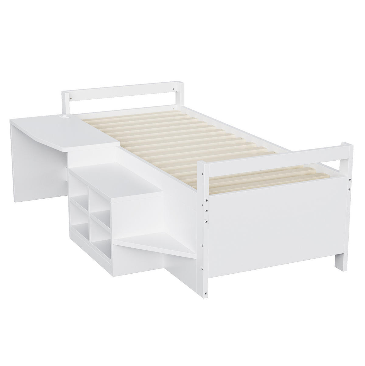 MULTIFUNKTIONSBETT 90/200 cm, Weiß mit Schreibtisch, USB-Steckdose - Weiß, Holz (90/200cm) - MIVRAY