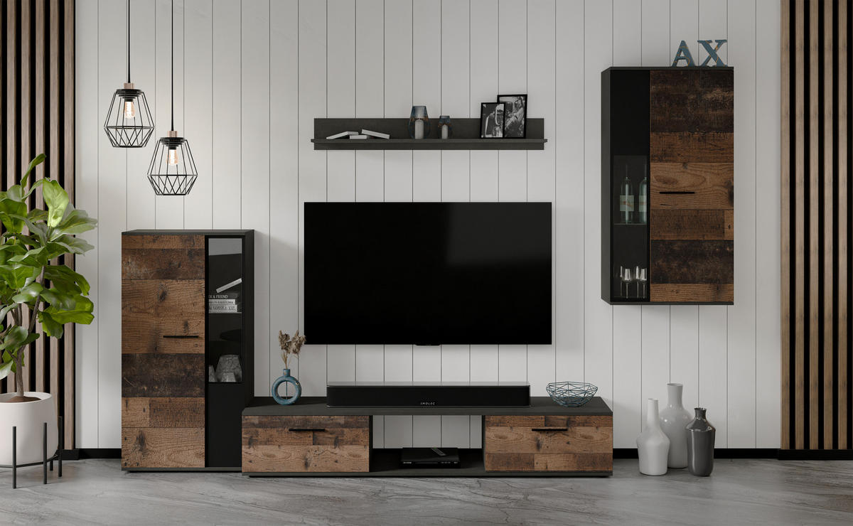 WOHNWAND Formilo Matera, Oldstyle 294/180/40 cm Hochwertige TV Wohnwand - Braun/Grau, Holzwerkstoff/Kunststoff (294/180/40cm) - AX Living
