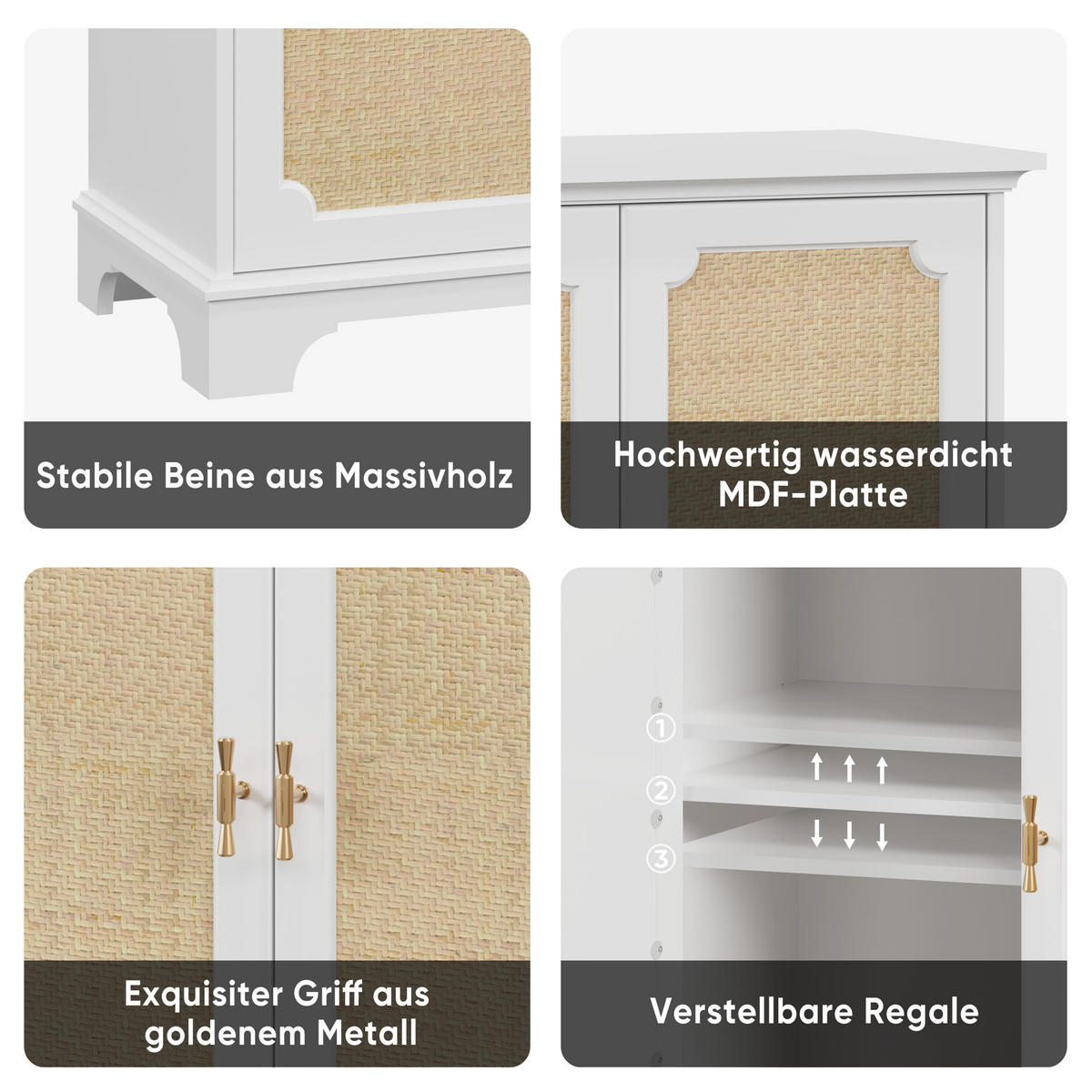 SIDEBOARD DE-38842 80/38/86 cm 2 Rattantüren und verstellbare Böden Natur - Weiß, Holzwerkstoff (80/86/38cm) - ComfortXL