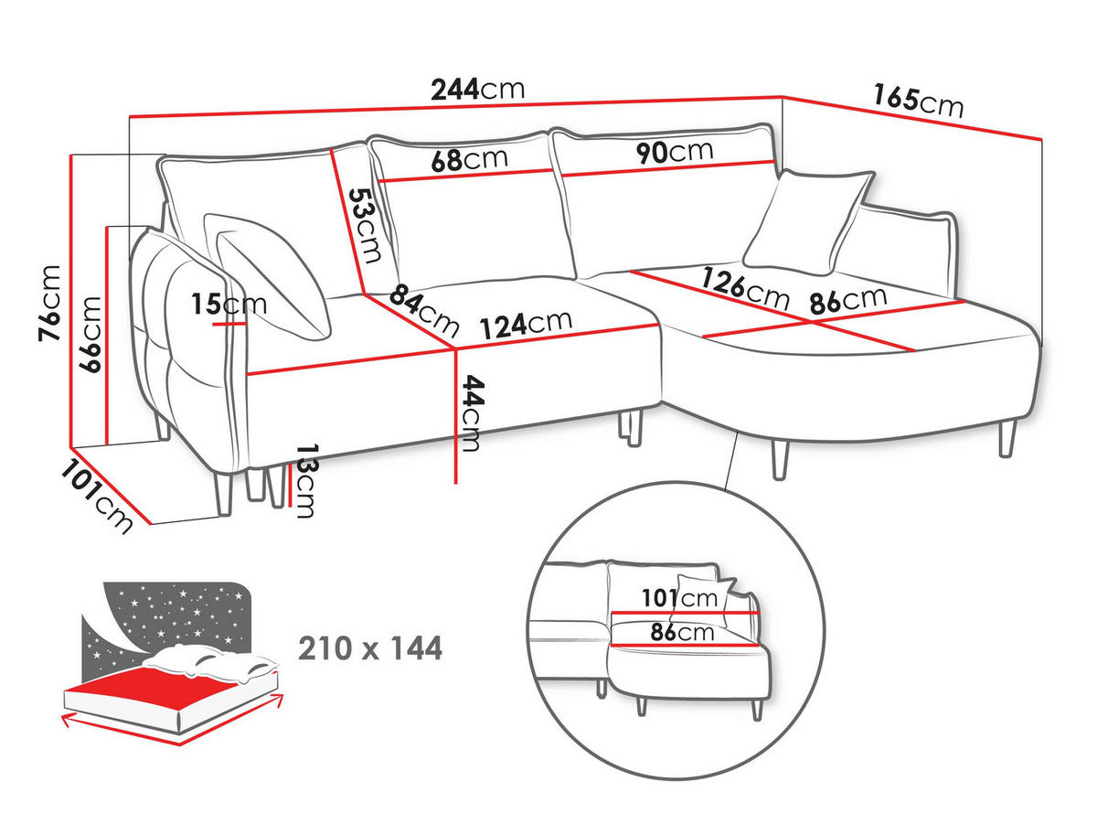 ECKSOFA Sycylia, Seite: Rechts - Anthrazit/Schwarz, Holz/Textil (244/165cm) - MIRJAN24