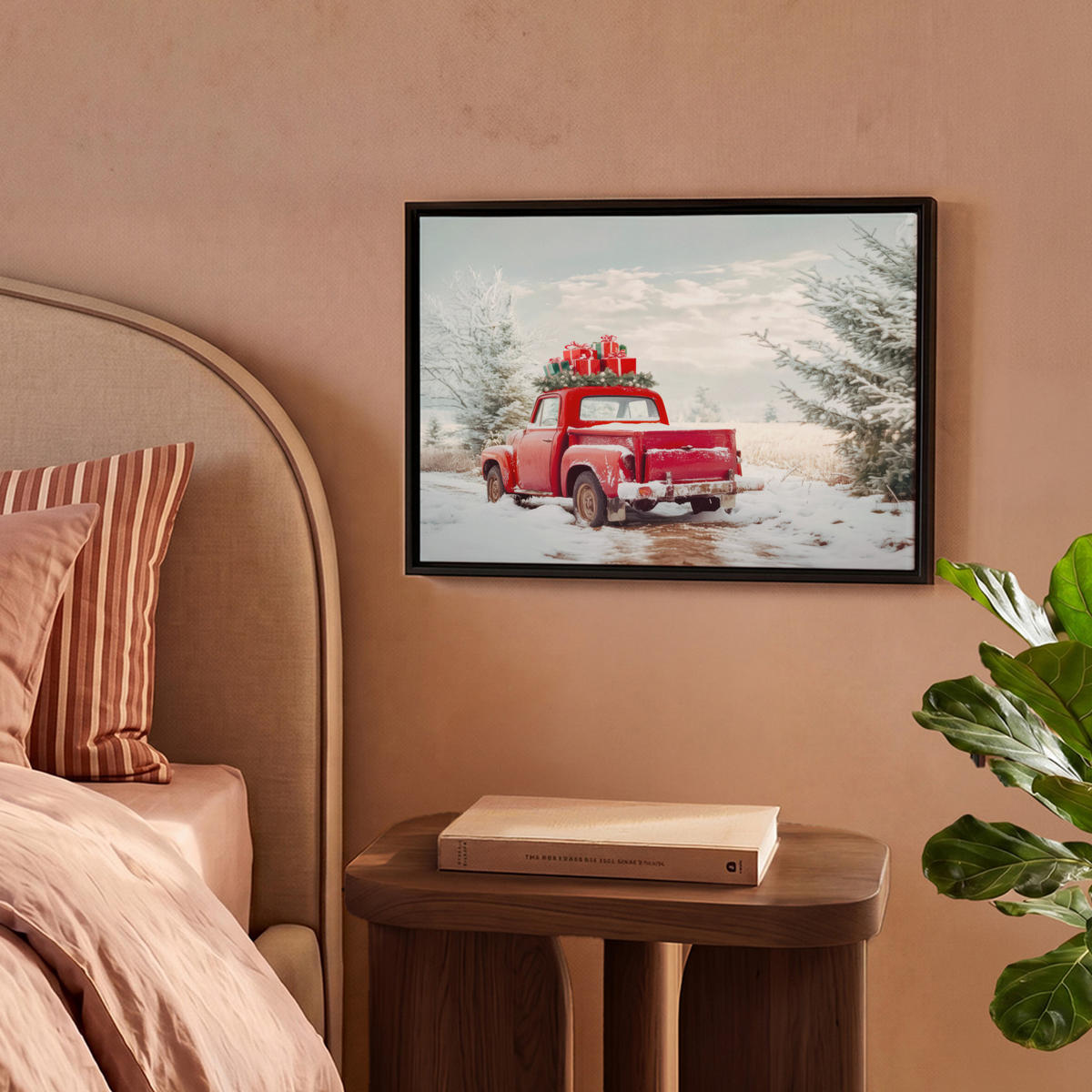 LEINWAND Bilder mit Rahmen - Auto - Rot - Geschenke - Winter - Schnee - Weihnachten - 40x30 - Rot, Textil (40/30cm) - MuchoWow