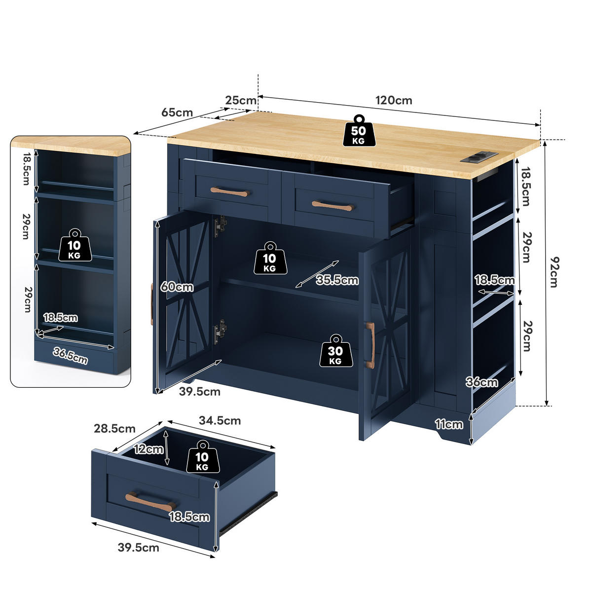 KÜCHENINSEL 120/40(65)/92 cm Blau mit Klappbarem Esstisch, 2 Steckdosen, USB, 2 Schubladen und Offenen Regalen - Blau, Holz/Holzwerkstoff (65/92/120cm) - Oxeza