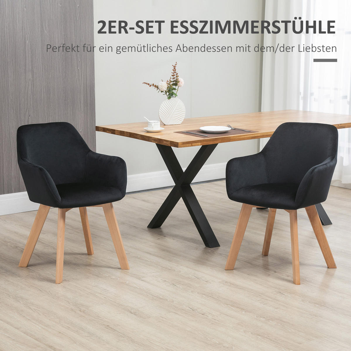 ESSZIMMERSTÜHLE 2er Set, Küchenstuhl mit Armlehne, Rückenlehne, Samtoptik - Schwarz/Naturfarben, Holz/Kunststoff (57/80/54cm) - HOMCOM