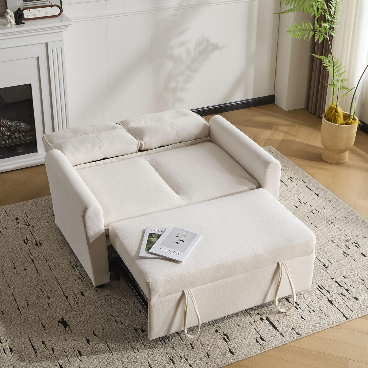 SOFA 2-Sitzer Schlafsofa Ausziehfunktion Verstellbare Lehne Platzsparend - Beige, Holz (106.48/27.69/67.31cm) - FLIEKS