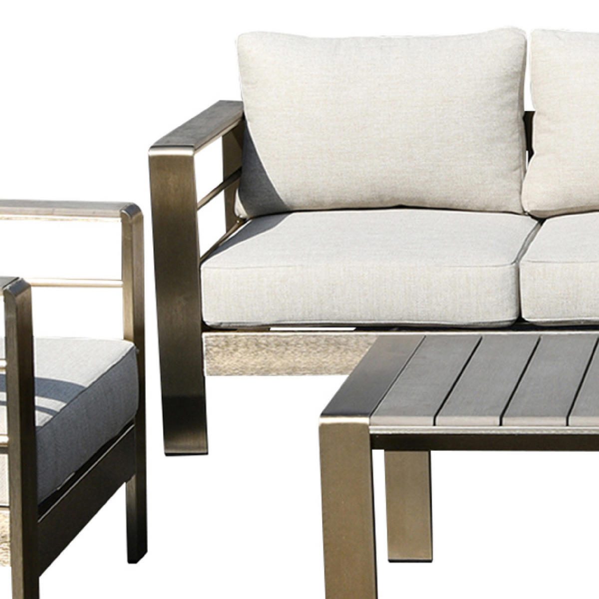 LOUNGE-SET Rochdale - 4-teilig aus gebürstetem Aluminium, Tischplatte und Armlehnen aus Kunstholz naturfarben - Grau, Metall - TPFGarden
